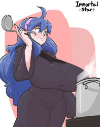 Rule 34 | 1girl, @ @, ahoge, alternate eye color, alternate hair color, black dress, blue eyes, blue hair, blush, breasts, closed mouth, cooking, covered erect nipples, cowboy shot, creatures (company), dress, game freak, hairband, hex maniac (pokemon), highres, holding, holding ladle, huge breasts, immortalstar, ladle, long hair, long sleeves, matching hair/eyes, nintendo, no bra, pink background, pokemon, pokemon xy, pot, sagging breasts, solo, white background