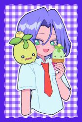 1boy creatures_(company) food game_freak green_eyes highres ice_cream james_(pokemon) macchiromomomo naranja_academy_school_uniform necktie nintendo olivini open_mouth pokemon pokemon_(anime) pokemon_(creature) purple_background purple_hair school_uniform shirt smoliv team_rocket white_shirt