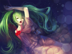 Rule 34 | 1girl, arms up, dress, flower, gloves, green eyes, green hair, hatsune miku, light particles, long hair, looking at viewer, matching hair/eyes, open mouth, red flower, red rose, rose, solo, twintails, vocaloid, yuuji (yukimimi)