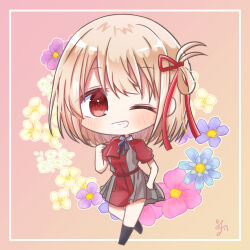 Rule 34 | 1girl, absurdres, blonde hair, blue ribbon, blush, chibi, commentary request, eyelashes, floral background, gradient background, grey skirt, grin, hair between eyes, hair ribbon, hand on own hip, hand up, heart, highres, kneehighs, looking at viewer, lycoris recoil, medium hair, miniskirt, neck ribbon, nishikigi chisato, one eye closed, one side up, pink background, puffy short sleeves, puffy sleeves, red eyes, red ribbon, red shirt, red skirt, ribbon, shirt, short sleeves, signature, simple background, skirt, smile, socks, solo, standing, two-tone shirt, two-tone skirt, utuigawa, yellow background