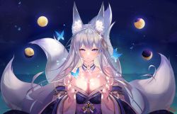 Rule 34 | 1girl, animal ear fluff, animal ears, armpit crease, artist logo, azur lane, bare shoulders, blue butterfly, blue kimono, blush, breasts, bug, butterfly, cleavage, closed mouth, collarbone, commentary request, crescent moon, detached collar, expressionless, floating hair, fox ears, fox girl, fox tail, glowing butterfly, hair ornament, hands up, insect, japanese clothes, kimono, large breasts, light particles, long hair, long sleeves, looking at viewer, mole, mole under eye, moon, multiple moons, multiple tails, off shoulder, open hands, shimotsuki shio, shinano (azur lane), sky, solo, star (sky), starry sky, tail, upper body, white hair, wide sleeves