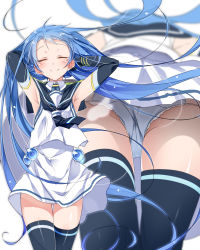 Rule 34 | 10s, 1girl, armpits, arms up, ass, beads, black gloves, black thighhighs, blue hair, blue panties, breasts, cameltoe, closed eyes, dress, elbow gloves, floating hair, from below, gloves, gluteal fold, hand in own hair, happy, highres, kantai collection, lingerie, long hair, mtu (orewamuzituda), multiple views, panties, pantyshot, sailor dress, samidare (kancolle), simple background, small breasts, smile, standing, thigh gap, thighhighs, underwear, upskirt, very long hair, white background, white dress, wind, zettai ryouiki