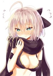 Rule 34 | 1girl, ahoge, bikini, black bikini, black bow, black gloves, black scarf, blue eyes, blush, bow, breasts, brown hair, cleavage, closed mouth, commentary request, elbow gloves, fate/grand order, fate (series), fingernails, flying sweatdrops, gloves, hair between eyes, hair bow, hand up, highres, hizaka, medium breasts, nose blush, okita j. souji (fate), okita j. souji (first ascension) (fate), okita souji, okita souji (fate), okita souji (koha-ace), scarf, simple background, single glove, solo, sweat, swimsuit, tears, upper body, white background