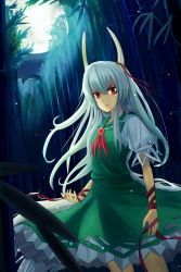 Rule 34 | 1girl, ascot, backlighting, bamboo, bamboo forest, blurry, depth of field, dress, ex-keine, flat chest, forest, frown, full moon, green dress, green hair, hasu (lausdys), horns, kamishirasawa keine, layered dress, light particles, moon, moonlight, multicolored hair, nature, night, night sky, red eyes, ribbon, short dress, silver hair, sky, sleeveless, sleeveless dress, solo, standing, touhou, two-tone hair, white dress