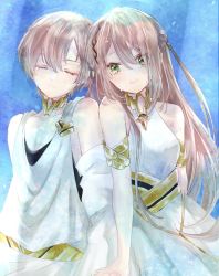 Rule 34 | 1boy, 1girl, adele (fate), armlet, asa (1asa-0-asa1), bad id, bad pixiv id, bare shoulders, blush, breasts, brother and sister, brown hair, closed eyes, dress, fate/grand order, fate (series), green eyes, highres, jewelry, long hair, looking at viewer, makarios (fate), medium breasts, neck ring, short hair, siblings, smile, toga, white dress