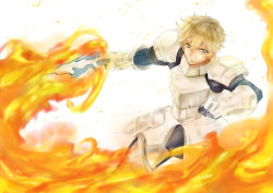 Rule 34 | 10s, 1boy, armor, arthur pendragon (fate), blonde hair, fate/extra, fate/prototype, fate/stay night, fate (series), faulds, fire, gauntlets, gawain (fate), gradient background, male focus, pauldrons, short hair, shoulder armor, solo, sword, urako, weapon