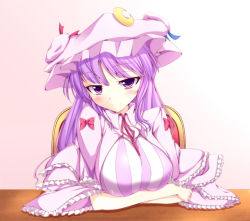 Rule 34 | 1girl, blush, breast rest, breasts, capelet, chair, colorized, crescent, crossed arms, desk, dress, female focus, hat, head tilt, large breasts, long hair, looking at viewer, noumin, patchouli knowledge, purple eyes, purple hair, sitting, smile, solo, striped clothes, striped dress, touhou