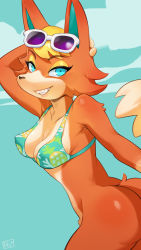 Rule 34 | 1girl, animal crossing, animal ears, aqua bikini, aqua eyes, ass, audie (animal crossing), bikini, bikini top only, blonde hair, blue bikini, bottomless, breasts, cleavage, commentary, covered erect nipples, english commentary, eyeshadow, eyewear on head, fang, furry, furry female, grin, highres, looking at viewer, makeup, medium breasts, multicolored hair, nintendo, orange fur, orange hair, perky breasts, pineapple print, pollenoxide, smile, snout, solo, sunglasses, sunglasses on head, swimsuit, tail, two-tone hair, wolf ears, wolf girl, wolf tail