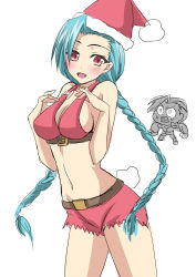 Rule 34 | 1girl, absurdres, aqua hair, bare shoulders, blush, braid, breasts, brown eyes, cleavage, fang, hairline, hat, highres, jinx (league of legends), league of legends, long hair, looking at viewer, navel, open mouth, sideboob, smile, standing, tongue, twintails, very long hair