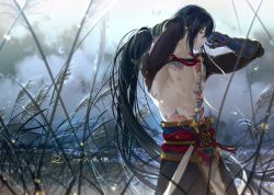 Rule 34 | 1boy, abs, arm wrap, arms behind head, arms up, bishounen, black hair, black pants, chest tattoo, cowboy shot, dated, fate/grand order, fate (series), gauntlets, green eyes, hair tie, hair tie in mouth, highres, long hair, male focus, mouth hold, outdoors, pants, pectorals, plant, profile, red neckwear, red sash, rrr (reason), sash, solo, standing, tattoo, topless male, tying hair, very long hair, yan qing (fate)