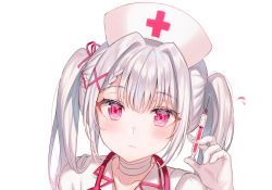 Rule 34 | 1girl, absurdres, bad id, bad twitter id, braid, collarbone, collared dress, copyright request, dress, gloves, hair ribbon, hand up, hat, highres, holding, holding syringe, long hair, looking at viewer, nurse, nurse cap, pink ribbon, portrait, red eyes, ribbon, sidelocks, silver hair, simple background, solo, syringe, tokkyu, twintails, white background, white dress, white gloves, white hat