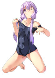 Rule 34 | 1girl, bare shoulders, barefoot, breasts, clothes pull, collarbone, covered navel, full body, highres, kanzen bouon, kneeling, long hair, looking at viewer, low twintails, one-piece swimsuit, one-piece swimsuit pull, one eye closed, purple eyes, purple hair, school swimsuit, simple background, small breasts, smile, solo, strap pull, strap slip, swimsuit, twintails, vocaloid, voiceroid, white background, yuzuki yukari