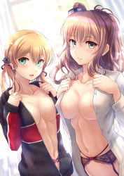 Rule 34 | 2girls, anchor hair ornament, areola slip, black garter, blonde hair, blouse, blue eyes, blush, breasts, brown hair, collarbone, garter straps, green eyes, hair ornament, indoors, jacket, kantai collection, large breasts, long sleeves, looking at viewer, medium breasts, multicolored clothes, multicolored jacket, multiple girls, navel, no bra, one side up, open clothes, open jacket, open mouth, open shirt, prinz eugen (kancolle), ryu-akt, saratoga (kancolle), shirt, twintails, two-tone jacket, white shirt