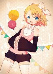 Rule 34 | 1girl, ayu (mog), bad id, bad pixiv id, bare shoulders, blonde hair, blue eyes, hair ornament, hair ribbon, hairclip, kagamine rin, looking at viewer, open mouth, own hands together, ribbon, short hair, smile, solo, thighhighs, vocaloid, white thighhighs