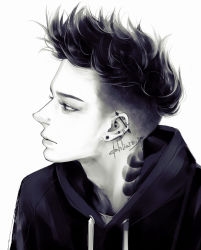 Rule 34 | 1boy, artist name, closed mouth, commentary request, drawstring, earrings, eye piercing, eyelashes, greyscale, highres, hood, hooded jacket, jacket, jewelry, lips, looking to the side, male focus, monochrome, neck tattoo, nose piercing, original, piercing, profile, solo, spiked hair, stud earrings, takenaka, tattoo, upper body, watermark, web address