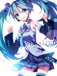 Rule 34 | 1girl, alt (apou), apou, aqua eyes, aqua hair, ascot, bad id, bad pixiv id, black thighhighs, detached sleeves, hatsune miku, headphones, headset, long hair, necktie, no nose, open mouth, simple background, skirt, smile, solo, thighhighs, twintails, very long hair, vocaloid, white background
