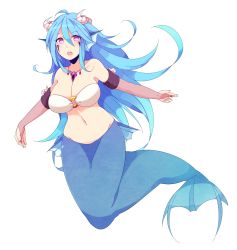 Rule 34 | 1girl, aqua hair, bandeau, bikini, breasts, bridal gauntlets, cleavage, elbow gloves, facial mark, fingerless gloves, fins, gills, gloves, head fins, highres, large breasts, long hair, looking at viewer, mermaid, monster girl, navel, o-ring, o-ring top, open mouth, oppai 751, original, pink eyes, scales, shell, solo, swimsuit, white background