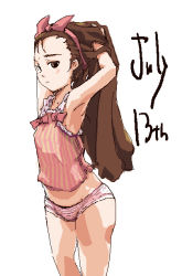 Rule 34 | 00s, 1girl, armpits, bare shoulders, blush, brown hair, camisole, idolmaster, idolmaster (classic), idolmaster 1, july13th, long hair, looking at viewer, minase iori, panties, pink panties, simple background, sleeveless, solo, standing, underwear, underwear only, very long hair, white background