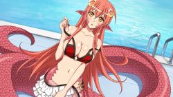 Rule 34 | 1girl, artist request, bare shoulders, bikini, blush, breasts, game cg, hair between eyes, hair ornament, hairclip, lamia, large breasts, long hair, looking at viewer, midriff, miia (monster musume), monster girl, monster musume no iru nichijou, monster musume no iru nichijou online, navel, o-ring, o-ring bikini, official alternate costume, official art, open mouth, pointy ears, red hair, scales, skirt, slit pupils, solo, swimsuit, undressing, white skirt, yellow eyes