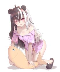 Rule 34 | 1girl, :d, absurdres, all fours, animal ears, animal slippers, bear ears, black footwear, black hair, breasts, collarbone, commentary request, fangs, full body, hair between eyes, hair ornament, hairclip, heart, heart print, highres, indie virtual youtuber, long hair, looking at viewer, multicolored hair, naked shirt, nikuku (kazedesune), obear, off shoulder, open mouth, print shirt, purple shirt, red eyes, shadow, shirt, short sleeves, slippers, small breasts, smile, solo, stuffed animal, stuffed fish, stuffed toy, transparent background, two-tone hair, very long hair, virtual youtuber, white background, white hair