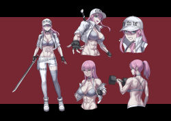 Rule 34 | 1girl, abs, aqua eyes, asymmetrical pants, baseball cap, black gloves, bra, breasts, colored skin, exercising, fingerless gloves, flat cap, gloves, grey bra, hat, hataraku saibou, hataraku saibou black, highres, holding, holding sword, holding weapon, jacket, katana, large breasts, long hair, open clothes, open jacket, pants, pink hair, ponytail, revealing clothes, shoes, short sleeves, sidelocks, sword, underwear, weapon, weightlifting, white footwear, white headwear, white jacket, white pants, white skin, white uniform, yan (situyan0303)
