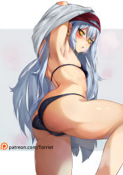 Rule 34 | 1girl, armpits, arms behind head, arms up, ass, bad id, bad pixiv id, bikini, black bikini, breasts, covered erect nipples, g11 (girls&#039; frontline), girls&#039; frontline, highres, long hair, looking at viewer, silver hair, slit pupils, small breasts, solo, swimsuit, torriet, undressing, very long hair, watermark, web address, yellow eyes