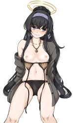 Rule 34 | 1girl, averting eyes, bags under eyes, bikini, black bikini, black hair, blue archive, blue hairband, blush, breasts, breasts apart, breath, cardigan, collarbone, feet out of frame, gatsby ssl, grey cardigan, groin, hairband, halo, highres, invisible chair, long hair, navel, nipples, official alternate costume, petite, purple eyes, sidelocks, simple background, sitting, small breasts, solo, swimsuit, ui (blue archive), ui (swimsuit) (blue archive), untied bikini, very long hair, white background