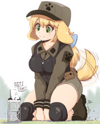 Rule 34 | animal ears, blonde hair, breasts, dog ears, dog girl, dog tail, giant, giantess, hat, highres, jacket, medium breasts, medium hair, ponytail, raps (yohomeboyraps), smile, tail, tail wagging, thighs