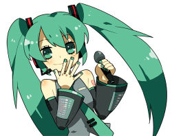 Rule 34 | 1girl, bad id, bad pixiv id, bare shoulders, collared shirt, covering own mouth, detached sleeves, grey shirt, hair ornament, hand to own mouth, hatsune miku, headgear, headphones, headset, holding, laughing, long hair, looking at viewer, lowres, microphone, molly, nail polish, necktie, shirt, simple background, smile, solo, tattoo, twintails, upper body, vocaloid, white background