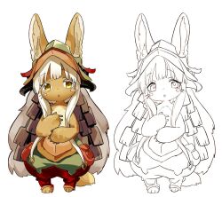 Rule 34 | 1other, animal ears, brown fur, colored eyelashes, fake horns, full body, furry, green headwear, hand on own chest, helmet, horned helmet, horns, lineart, long hair, looking at viewer, made in abyss, nanachi (made in abyss), nuoi407, pants, parted lips, puffy pants, rabbit ears, red pants, solo, topless, whiskers, white background, white hair, yellow eyes