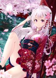Rule 34 | 1girl, absurdres, ahoge, animal print, arm up, bare legs, black footwear, blue sash, blush, cherry blossoms, commentary, fish print, floral print, flower, hand in own hair, highres, japanese clothes, kimono, knee up, long hair, long sleeves, looking at viewer, na kyo, obi, original, petals, pink eyes, pink flower, pink hair, print kimono, print sash, sash, shoes, sitting, smile, solo, symbol-only commentary