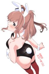 Rule 34 | 1girl, animal ears, ass, black leotard, bow, bowtie, breasts, brown hair, detached collar, fake animal ears, fake tail, grey eyes, highleg, highleg leotard, highres, kantai collection, large breasts, leotard, long hair, looking back, playboy bunny, ponytail, rabbit ears, rabbit tail, saratoga (kancolle), shishanmo, side ponytail, sidelocks, simple background, solo, strapless, strapless leotard, tail, traditional bowtie, white background, wrist cuffs