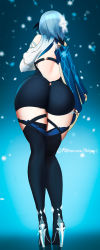 Rule 34 | 1girl, artist name, ass, bare shoulders, blue background, blue hair, boots, cape, crossed arms, eula (genshin impact), female focus, from behind, full body, genshin impact, hair ornament, high heels, highres, holy meh, huge ass, leotard, looking away, medium hair, patreon username, shiny clothes, shiny skin, snowflake background, solo, standing, thick thighs, thigh boots, thighhighs, thighs, watermark, web address