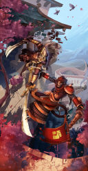 Rule 34 | 1boy, absurdres, anarki3000, architecture, armor, beard, belt, cherry blossoms, dual wielding, east asian architecture, facial hair, fighting, highres, holding, image sample, league of legends, master yi, monkey, signpost, sword, weapon, wukong (league of legends)