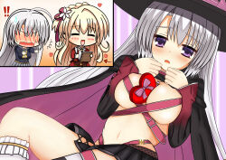 Rule 34 | !, !!, 2girls, :d, ^^^, ^ ^, ahoge, amairo islenauts, ayachi nene, belt bra, black cape, black headwear, black skirt, blonde hair, blush, box, braid, breast hold, breasts, cape, chibi, cleavage, closed eyes, commentary request, company connection, crossover, crown braid, drawing, embarrassed, flower, full-face blush, gift between breasts, hair between eyes, hair flower, hair ornament, hands up, hat, heart, heart-shaped box, highres, large breasts, long hair, long sleeves, looking at viewer, lying, miniskirt, multiple girls, navel, no eyes, on back, open mouth, pleated skirt, plumtea an, purple background, purple eyes, sanoba witch, school uniform, shirley warwick, simple background, skindentation, skirt, smile, stomach, straight hair, sweatdrop, very long hair, wavy mouth, white hair, wide sleeves, witch hat, yuzu-soft