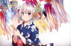 Rule 34 | 1girl, blue kimono, blurry, blurry background, blurry foreground, blush, closed mouth, commentary request, depth of field, floral print, gradient background, grey background, hair between eyes, highres, holding, japanese clothes, kimono, looking at viewer, obi, original, print kimono, red eyes, resolution mismatch, revision, sash, silver hair, smile, solo, soranagi yuki, source smaller, striped, tanabata, tanzaku, upper body, vertical stripes, white background, yukata
