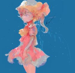 Rule 34 | 1girl, ascot, blonde hair, blue background, bow, cowboy shot, crack, crystal, expressionless, flandre scarlet, hat, hat bow, hat ribbon, mob cap, puffy short sleeves, puffy sleeves, red eyes, ribbon, short sleeves, side ponytail, simple background, skirt, skirt set, solo, touhou, tsukamoto anabone, white eyes, wings, wrist cuffs