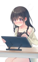 Rule 34 | 1girl, absurdres, armpit crease, black camisole, black hair, blush, camisole, cardigan, closed mouth, collarbone, commentary request, desk, drawing tablet, embarrassed, highres, holding, holding pen, long hair, long sleeves, looking at object, na-ga, nose blush, off shoulder, open cardigan, open clothes, original, pen, purple eyes, short shorts, shorts, single bare shoulder, sitting, solo, wavy mouth, white background, yellow car