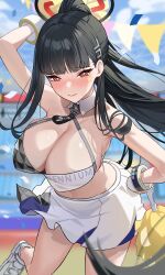 Rule 34 | 1girl, absurdres, bare shoulders, black hair, blue archive, breasts, bright pupils, cleavage, highres, large breasts, long hair, ojisan kamo shiremasen, ponytail, red eyes, rio (blue archive), skirt, solo, white pupils