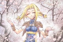 Rule 34 | 1girl, blonde hair, braid, breasts, cherry blossoms, commentary request, closed eyes, final fantasy, final fantasy xii, kimagureneko, long hair, nature, penelo, petals, smile, solo, twin braids, twintails