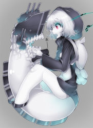 Rule 34 | 10s, 1girl, abyssal ship, backpack, bag, cannon, glowing, glowing eyes, hood, kantai collection, long sleeves, open mouth, patatata, re-class battleship, red eyes, scarf, short hair, silver hair, solo, teeth, weapon
