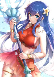 Rule 34 | 1girl, absurdres, bikini, bikini skirt, blue eyes, blue hair, breasts, caeda (fire emblem), caeda (summer) (fire emblem), closed mouth, commentary request, fire emblem, fire emblem: mystery of the emblem, fire emblem heroes, flower, gonzarez, hair between eyes, hair flower, hair ornament, highres, holding, holding staff, large breasts, long hair, looking at viewer, midriff, navel, nintendo, official alternate costume, red bikini, red skirt, see-through, skirt, smile, solo, staff, sweat, swimsuit
