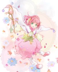 Rule 34 | 1girl, braid, cape, dress, flower, full body, green eyes, hair flower, hair ornament, kururi (oekaki nikki), no pupils, pink dress, pink hair, ponytail, rubia natwick, shoes, short hair, smile, solo, tales of (series), tales of the tempest, wand