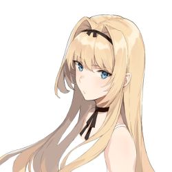 Rule 34 | 1girl, aiko (kanl), blonde hair, blue eyes, breasts, choker, copyright request, hair intakes, hair ribbon, long hair, looking at viewer, ribbon, ribbon choker, sidelocks, simple background, small breasts, solo, tsurime, upper body, white background