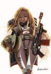 Rule 34 | 1girl, bandolier, blonde hair, blush, bodysuit, breasts, camouflage, camouflage bodysuit, clothes writing, gloves, goddess of victory: nikke, goggles, goggles around neck, green eyes, gun, helmet, highres, holding, holding gun, holding helmet, holding weapon, lips, long hair, parted bangs, parted lips, sata (satawahaha), shade, sidelocks, simple background, skin tight, small breasts, soldier fa (nikke), solo, standing, thigh gap, twitter username, two-tone bodysuit, unworn headwear, unworn helmet, weapon, white background, white bodysuit
