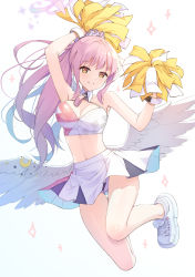 Rule 34 | 1girl, alternate hairstyle, angel, angel wings, arm up, armpits, bare shoulders, blue archive, bow, breasts, caron (straycat910), cheerleader, cleavage, commentary request, cosplay, feathered wings, gluteal fold, highres, holding, holding pom poms, long hair, looking at viewer, low wings, medium breasts, midriff, mika (blue archive), millennium cheerleader outfit (blue archive), miniskirt, navel, panties, pantyshot, pink hair, pink wings, pom pom (cheerleading), pom poms, ponytail, shoes, skirt, smile, sneakers, solo, sparkle, sparkle background, strapless, underwear, very long hair, white wings, wings, yellow eyes
