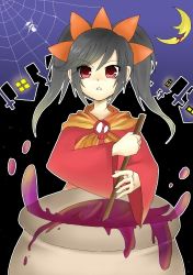 Rule 34 | 1girl, ashley (warioware), black hair, bug, cauldron, dot nose, dress, facing viewer, hairband, long sleeves, looking at viewer, lowres, moon, neckerchief, neckwear request, night, night sky, nintendo, orange hairband, orange neckerchief, red dress, red eyes, silk, skull, sky, solo, spider, spider web, stirring, swept bangs, twintails, warioware