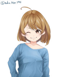 Rule 34 | ahoge, alternate costume, blue shirt, brown eyes, brown hair, contrapposto, grin, highres, kantai collection, neko no hige, oboro (kancolle), one-hour drawing challenge, one eye closed, shirt, short hair, simple background, smile, twitter username, white background