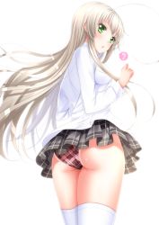 Rule 34 | 1girl, ahoge, ass, bad id, bad pixiv id, from behind, green eyes, haiyore! nyaruko-san, highres, lace, lace-trimmed panties, lace trim, long hair, looking at viewer, looking back, miniskirt, nyarlathotep (nyaruko-san), open mouth, panties, pantyshot, plaid, plaid panties, plaid skirt, pleated skirt, silver hair, simple background, skirt, solo, speech bubble, swordsouls, thighhighs, underwear, upskirt, white background, white thighhighs