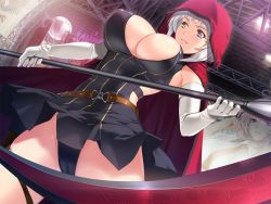 Rule 34 | 2girls, belt, black dress, black panties, blouse, blunt bangs, breasts, character request, cleavage, cloak, collared shirt, crotch seam, dress, dutch angle, elbow gloves, game cg, gloves, hair ornament, hairclip, heterochromia, holding, holding weapon, hood, hooded cloak, huge breasts, mochizuki nozomu, multiple girls, panties, pleated dress, purple eyes, red cloak, saimin class wonderful, scythe, shirt, standing, thigh strap, thighs, underwear, weapon, white shirt, yellow eyes